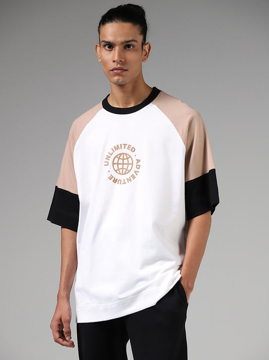 Studiofit White Colorblock Relaxed Fit T-Shirt