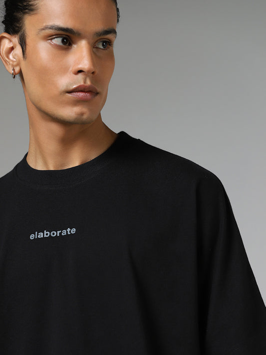 Studiofit Black Drop Shoulder Cotton Relaxed Fit T-Shirt