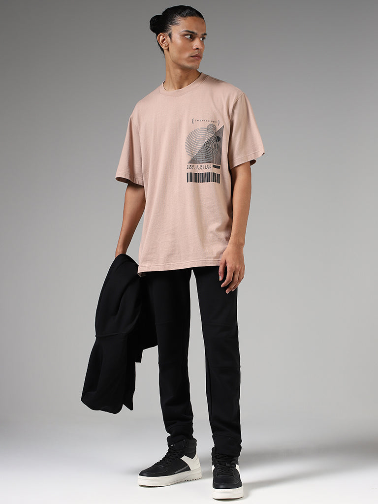 Studiofit Light Brown Printed Cotton Relaxed Fit T-Shirt