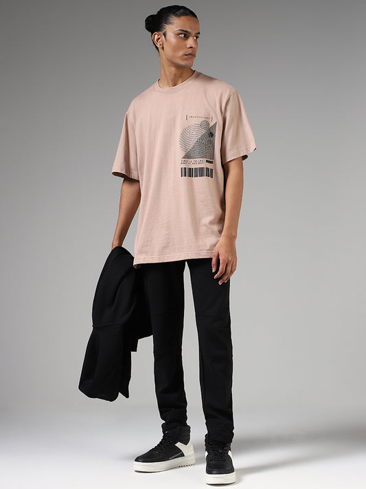 Studiofit Light Brown Printed Relaxed Fit T-Shirt