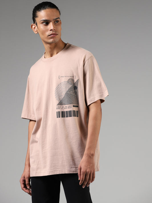 Studiofit Light Brown Printed Relaxed Fit T-Shirt
