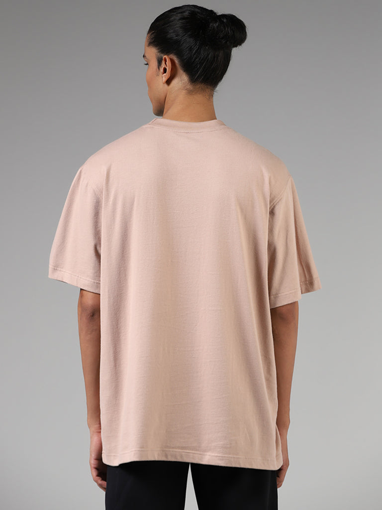 Studiofit Light Brown Printed Cotton Relaxed Fit T-Shirt