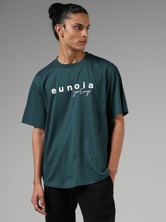 Studiofit Emerald Green Printed Cotton Relaxed Fit T-Shirt