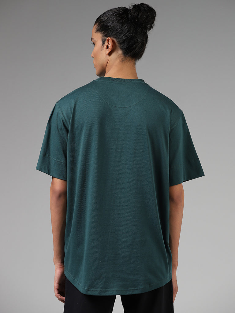 Studiofit Emerald Green Printed Cotton Relaxed Fit T-Shirt