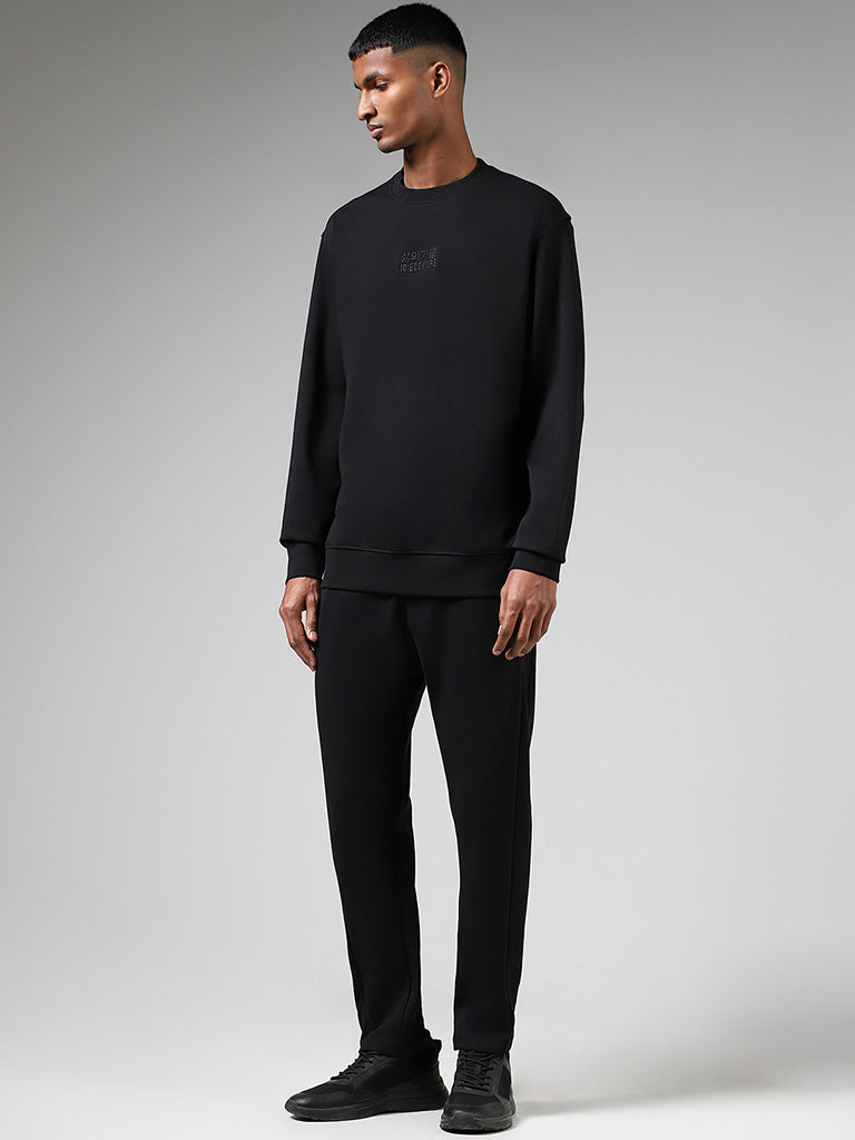 Studiofit Black Embroidered Relaxed Fit Sweatshirt