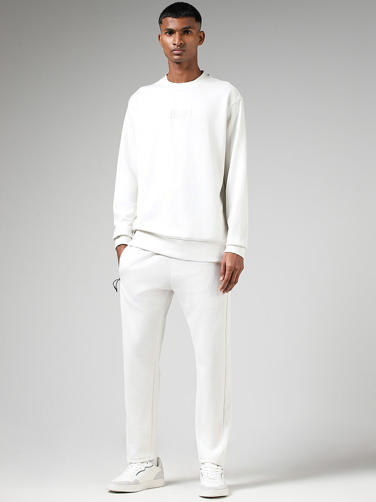 Studiofit White Embroidered Relaxed Fit Sweatshirt