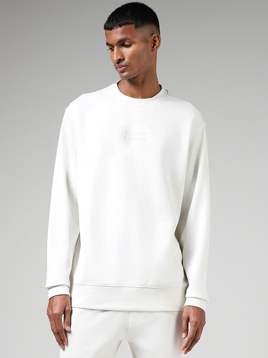 Studiofit White Embroidered Relaxed Fit Sweatshirt