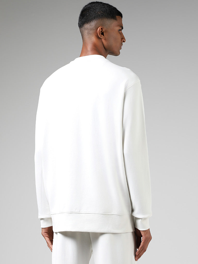 Studiofit White Embroidered Cotton Blend Relaxed Fit Sweatshirt