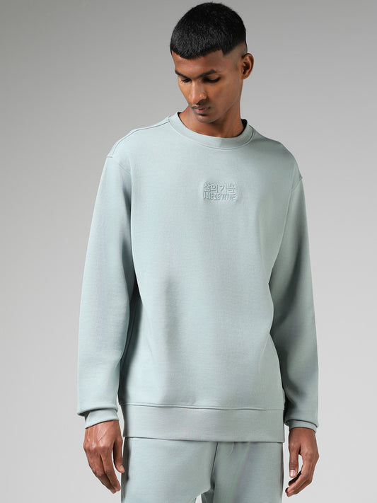 Studiofit Sage Green Embroidered Cotton Blend Relaxed Fit Sweatshirt