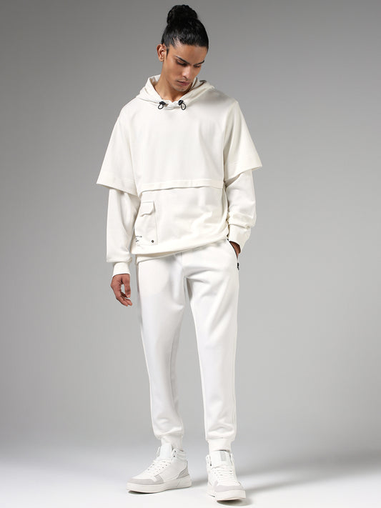 Studiofit Off White Cotton Relaxed-Fit Hoodie Sweatshirt
