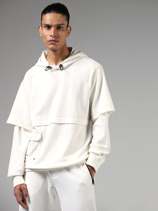 Studiofit Off White Cotton Relaxed-Fit Hoodie Sweatshirt