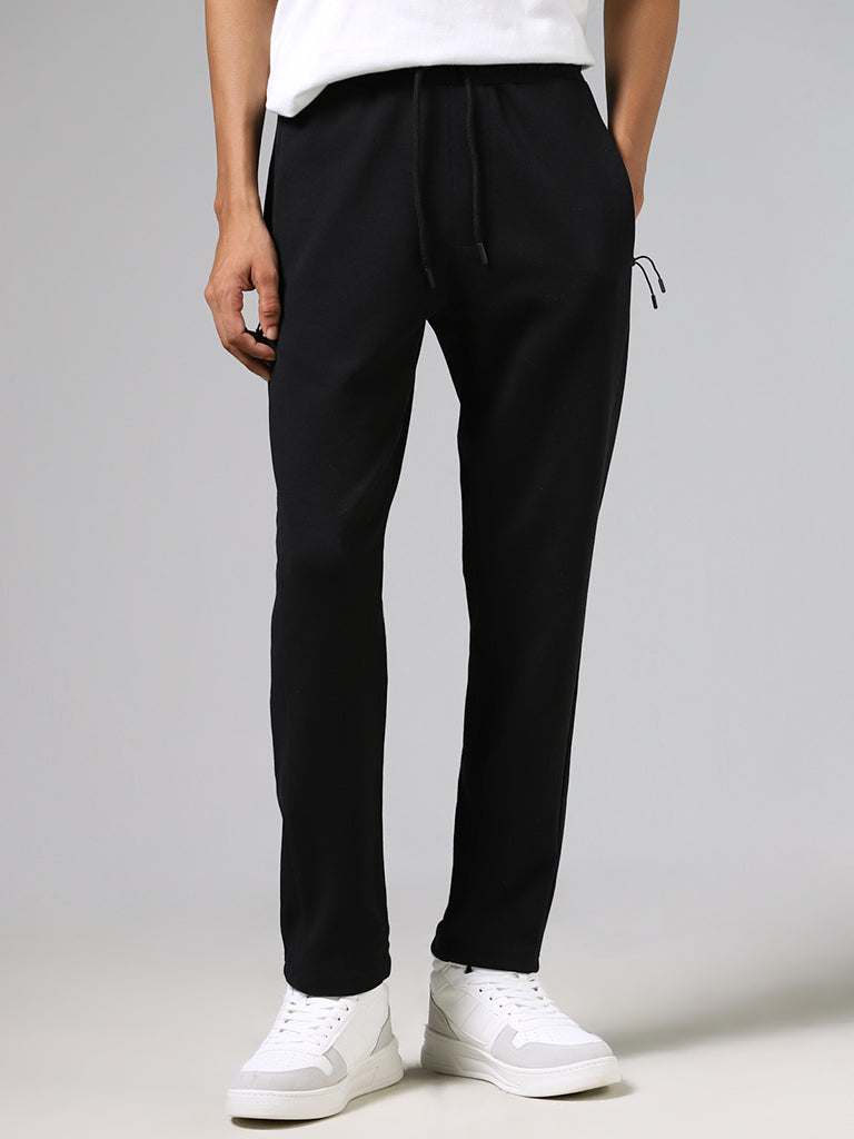 Studiofit Solid Black Relaxed-Fit Mid-Rise Track Pants