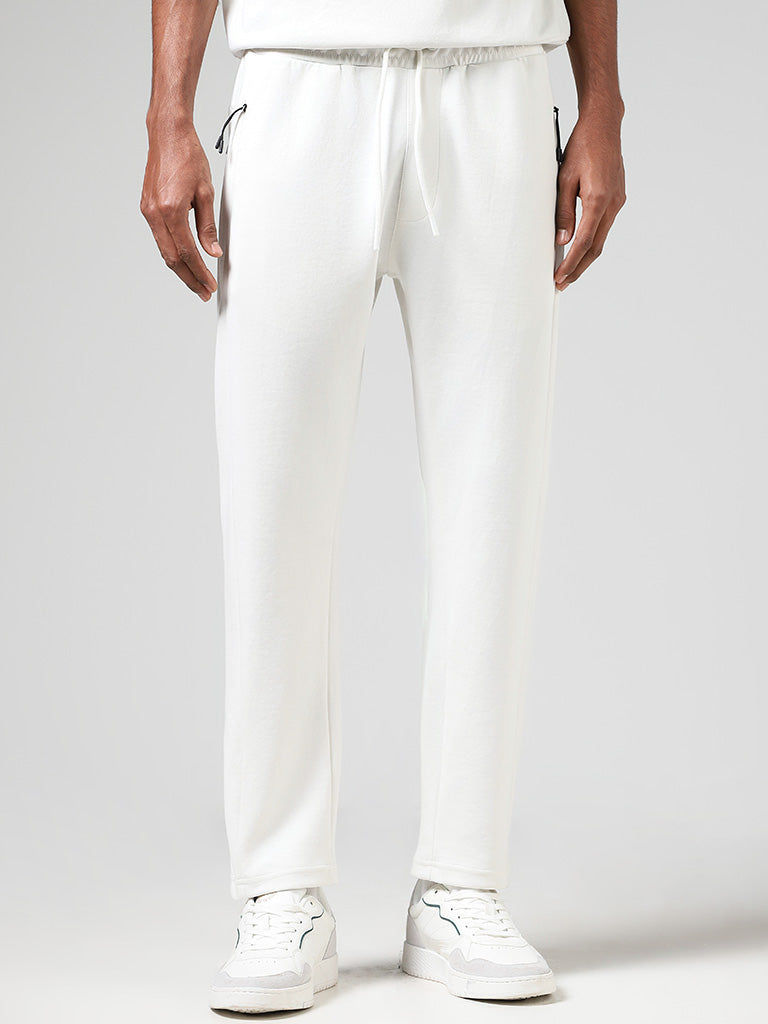 Studiofit Solid White Cotton Blend Relaxed Fit Track Pants