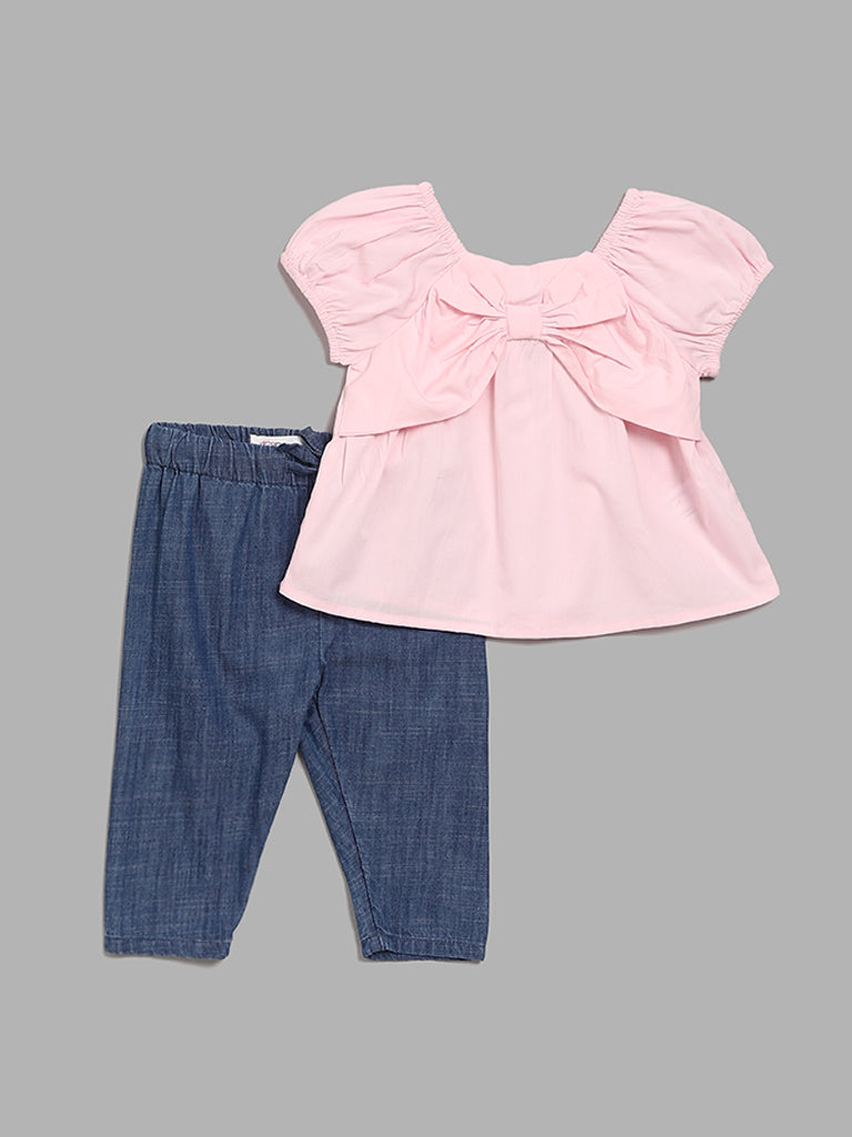 HOP Baby Pink Bow-Adorned Top with Denim Pants