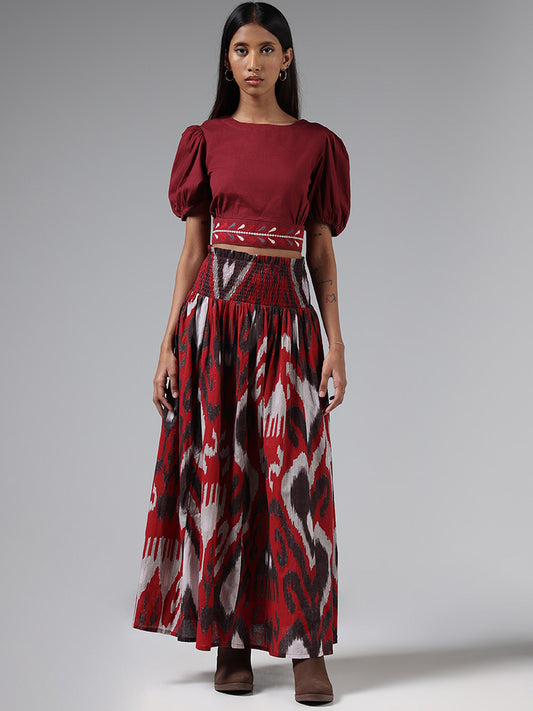 Bombay Paisley Maroon Embroidered Knotted Crop Top