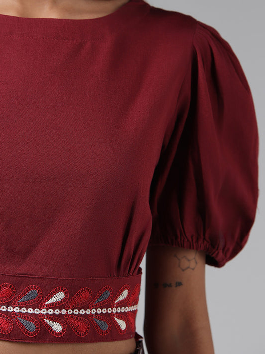 Bombay Paisley Maroon Embroidered Knotted Crop Top