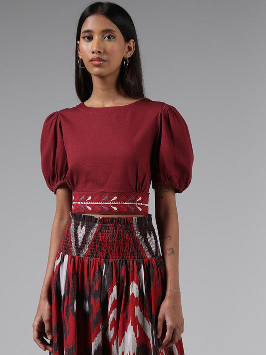 Bombay Paisley Maroon Embroidered Knotted Crop Top