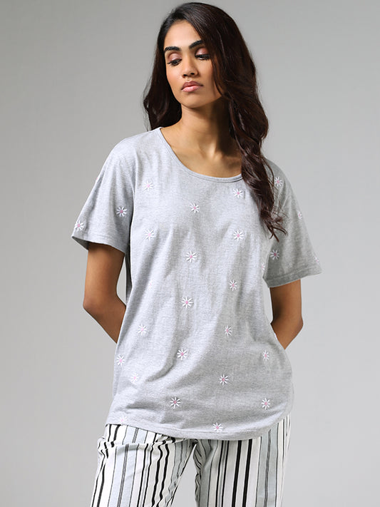 Wunderlove Grey Melange Stumpwork Embroidered T-Shirt