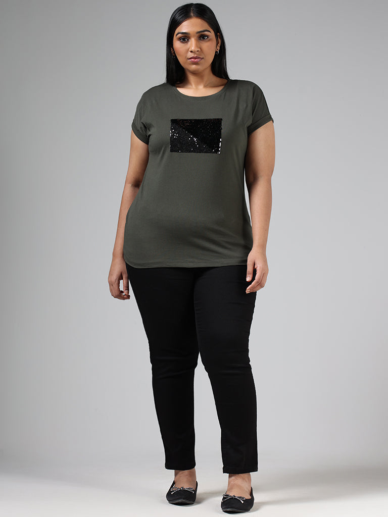 Gia Olive Green Sequined Embroidery Cotton T-Shirt