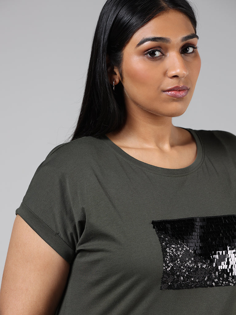 Gia Olive Green Sequined Embroidery Cotton T-Shirt