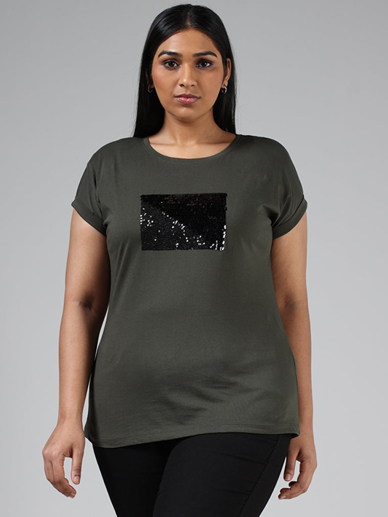 Gia Olive Green Sequined Embroidery T-Shirt