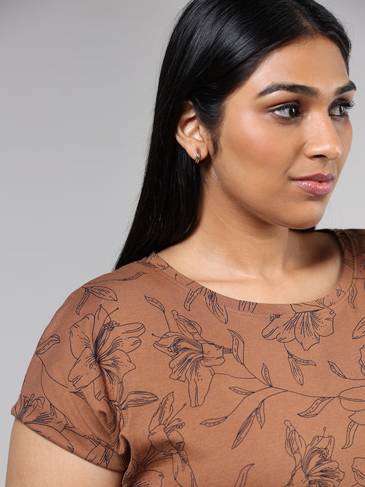 Gia Tan Brown Floral Printed Cotton T-Shirt