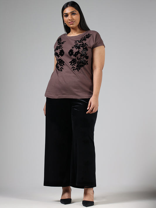 Gia Chocolate Brown Floral Sequined Embroidery Cotton T-Shirt