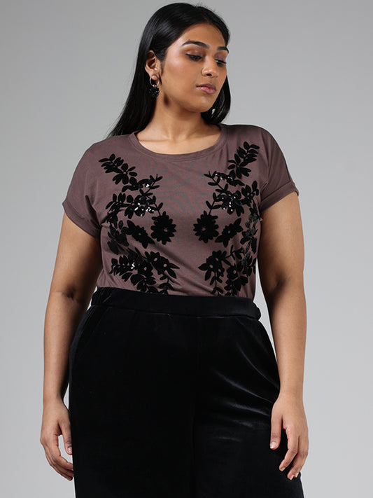 Gia Chocolate Brown Floral Sequined Embroidery Cotton T-Shirt