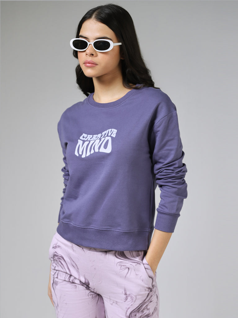 Studiofit Typography Printed Light Purple Cotton Ribbed Sweatshirt