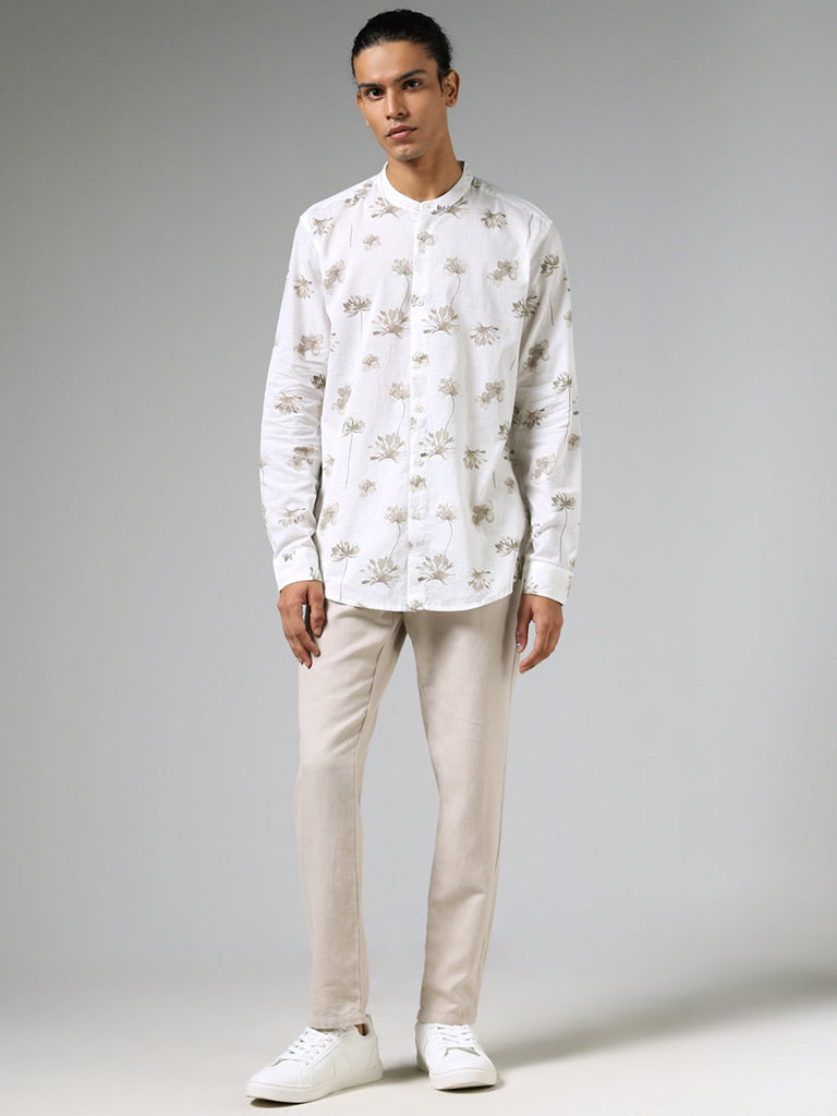 ETA Off White Floral Printed Cotton Resort Fit Shirt