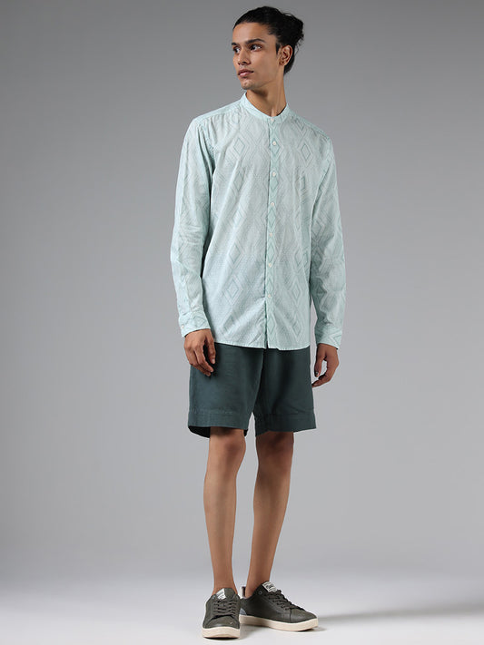 ETA Light Teal Geometric Printed Cotton Resort Fit Shirt