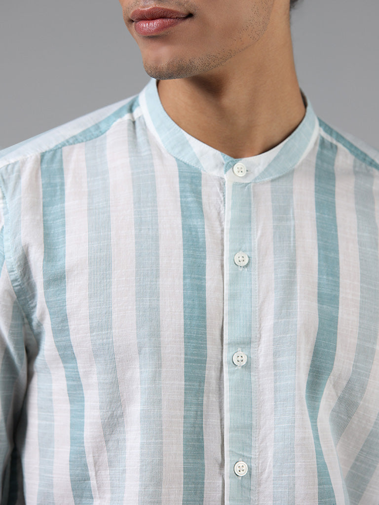 ETA Teal Striped Printed Cotton Resort Fit Shirt