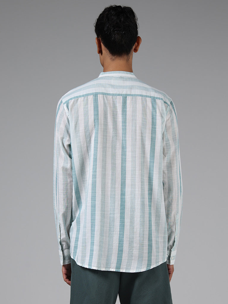 ETA Teal Striped Printed Cotton Resort Fit Shirt
