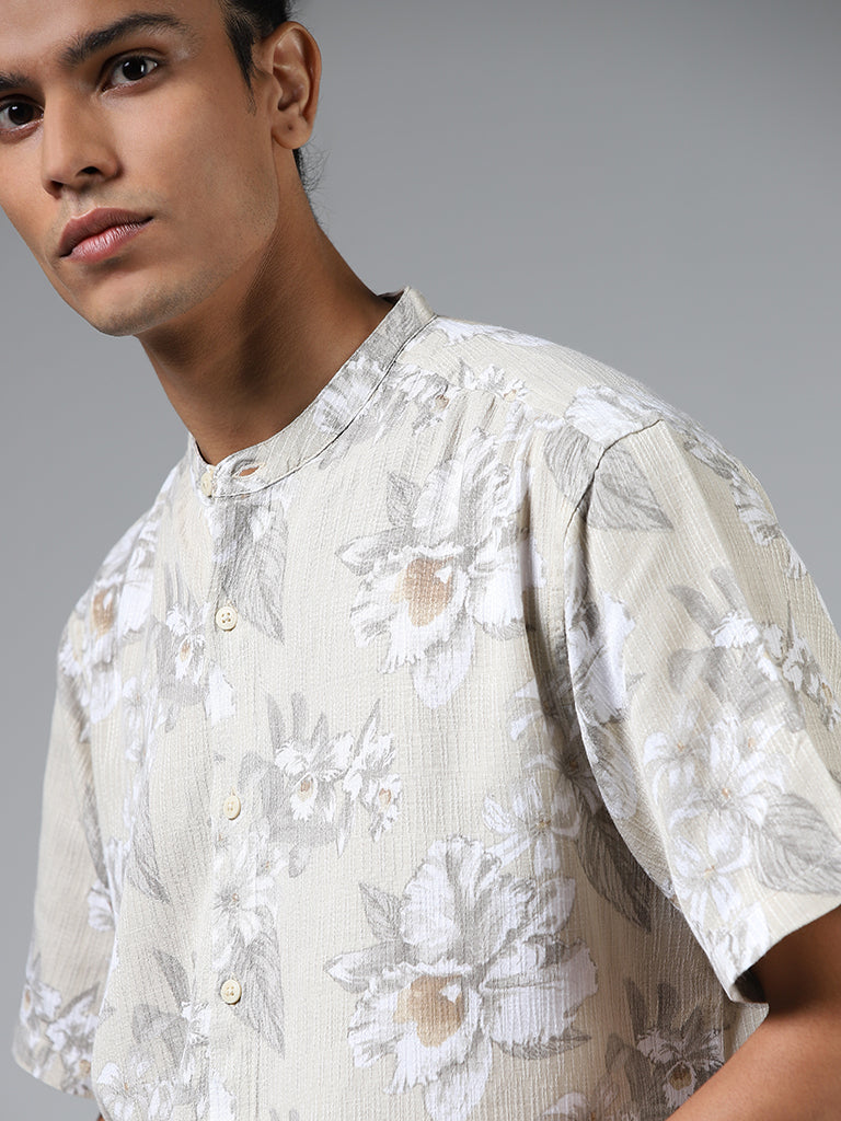 ETA Beige Floral Printed Cotton Relaxed Fit Shirt