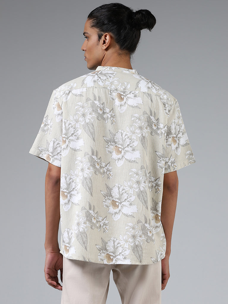 ETA Beige Floral Printed Cotton Relaxed Fit Shirt