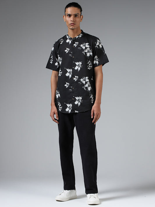 ETA Black Floral Printed Cotton Resort-Fit Shirt