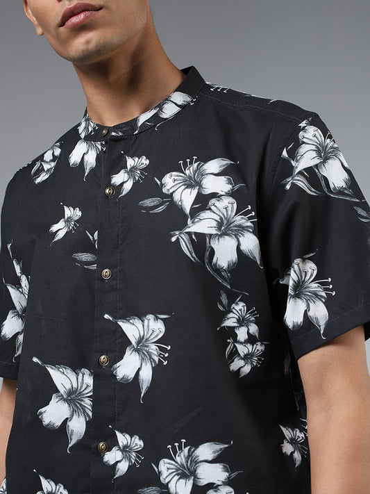ETA Black Floral Printed Cotton Resort-Fit Shirt