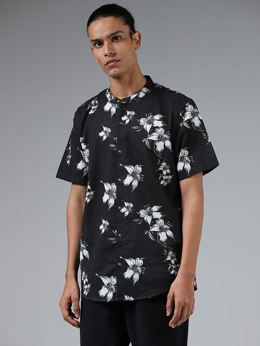 ETA Black Floral Printed Cotton Resort Fit Shirt