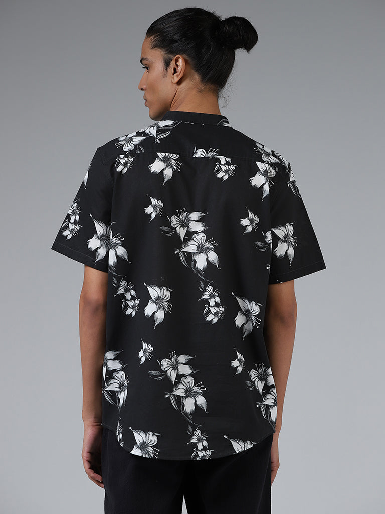 ETA Black Floral Printed Cotton Resort Fit Shirt