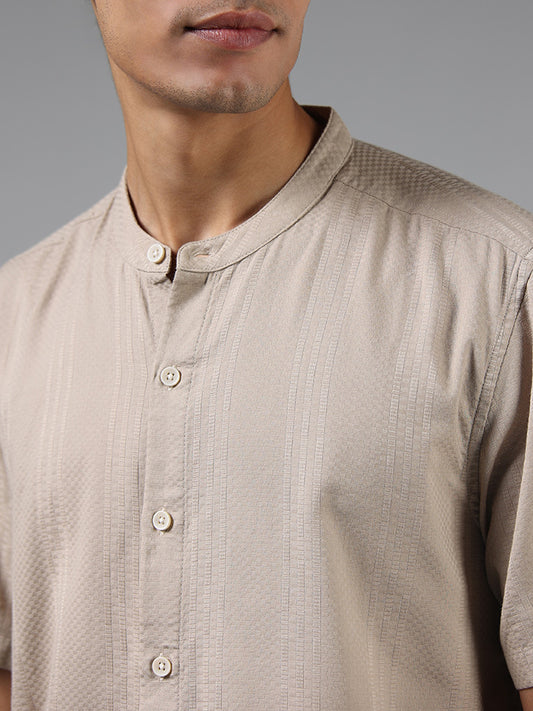 ETA Taupe Self Textured Cotton Blend Resort Fit Shirt