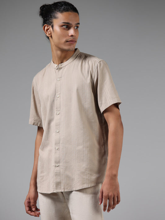 ETA Taupe Self Textured Cotton Blend Resort Fit Shirt