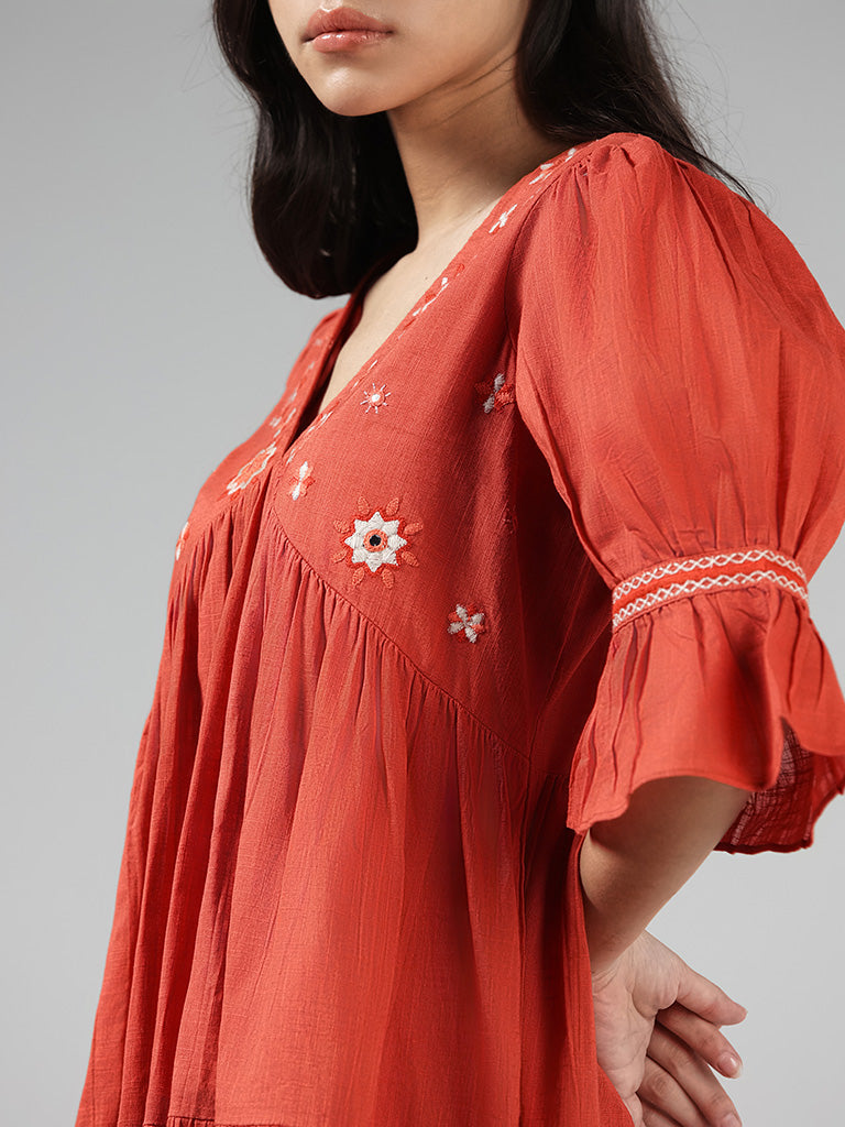 Bombay Paisley Orange Floral Embroidered Cotton Tiered Dress