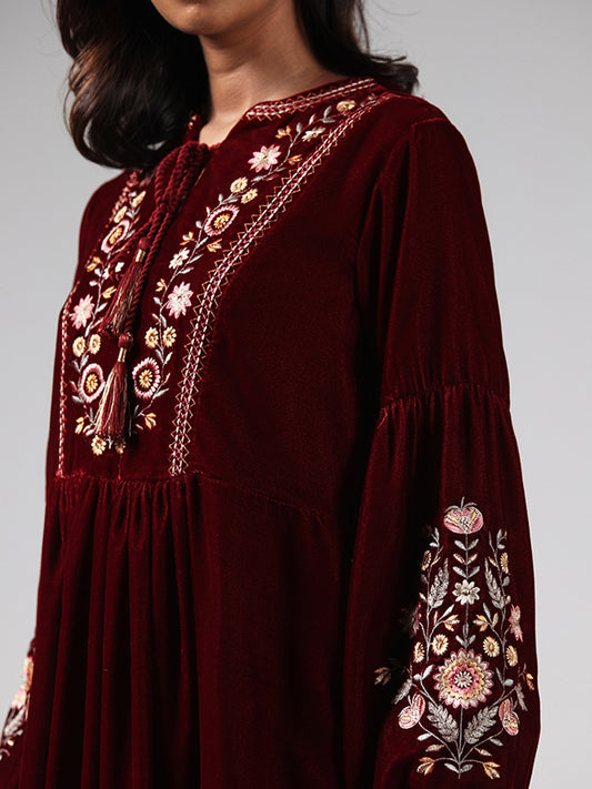 Bombay Paisley Maroon Floral Printed Velvet Dress