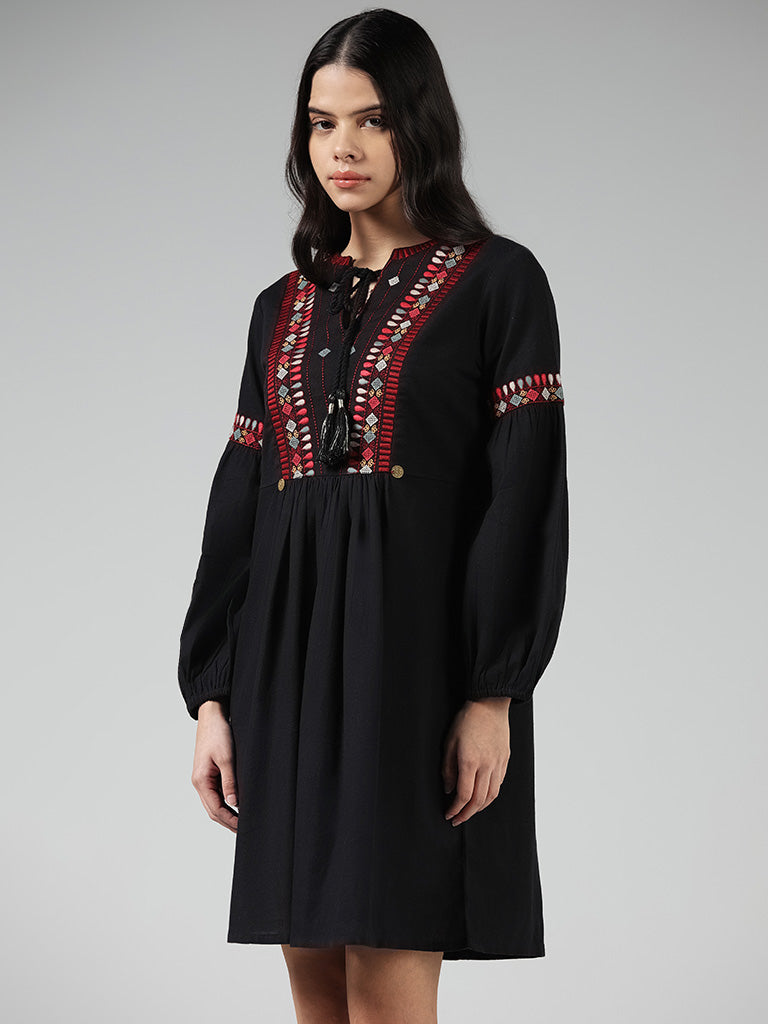 Bombay Paisley Black Embroidered Cotton Dress