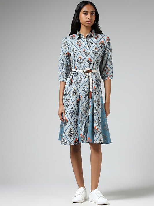 Bombay Paisley Floral Printed Light Blue Dress with Belt