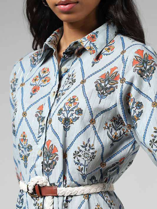 Bombay Paisley Floral Printed Light Blue Dress with Belt
