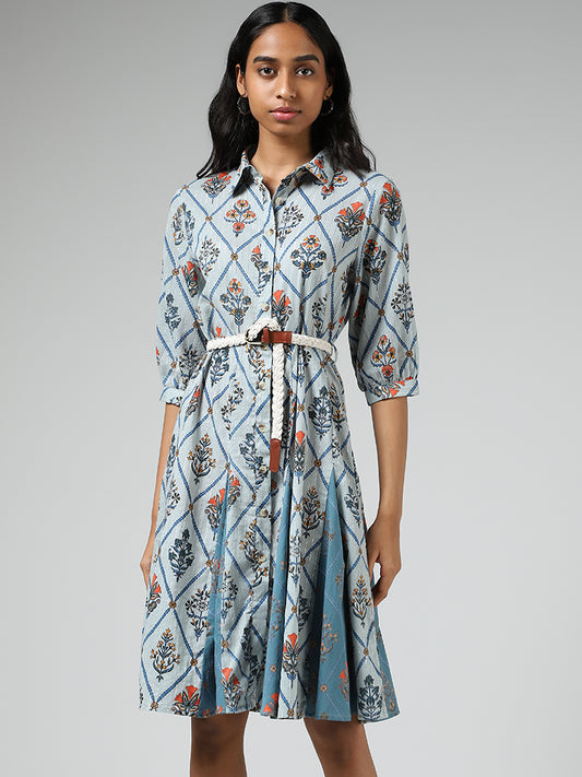Bombay Paisley Floral Printed Light Blue Dress with Belt