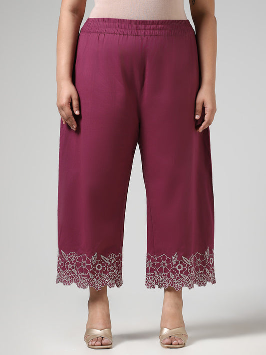 Diza Purple Floral Hem Embroidered Cotton Straight Pants