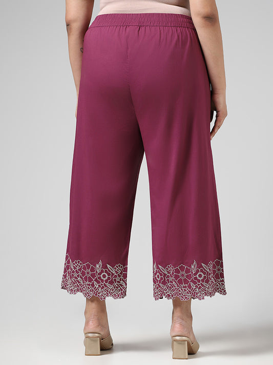 Diza Purple Floral Hem Embroidered Straight Pants