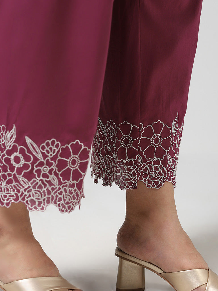 Diza Purple Floral Hem Embroidered Cotton Straight Pants